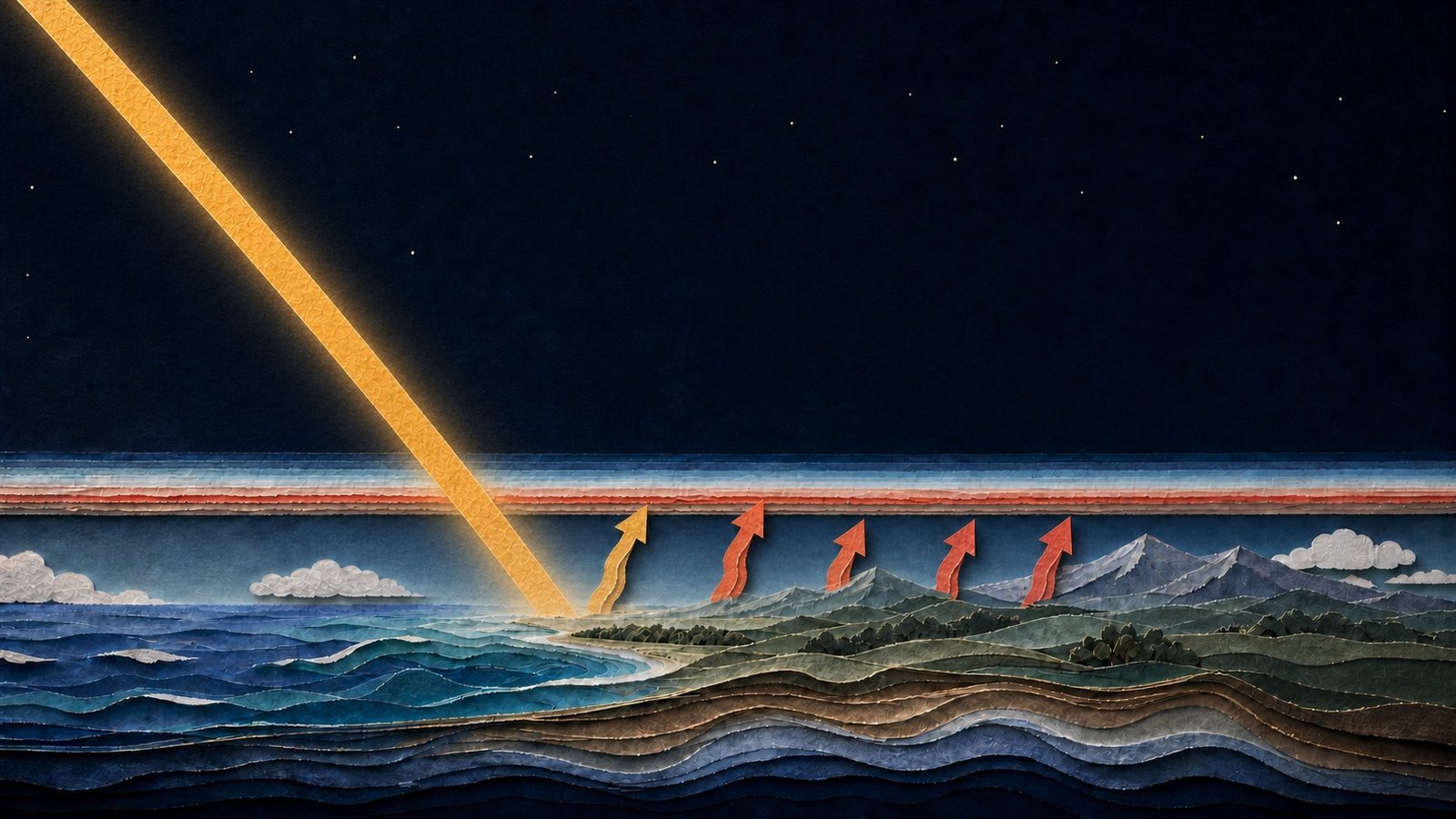 Animated layered-paper atmospheric cross-section: the sunlight beam expands from one to seven paper strips while reflected light and infrared heat extend through the atmosphere.
