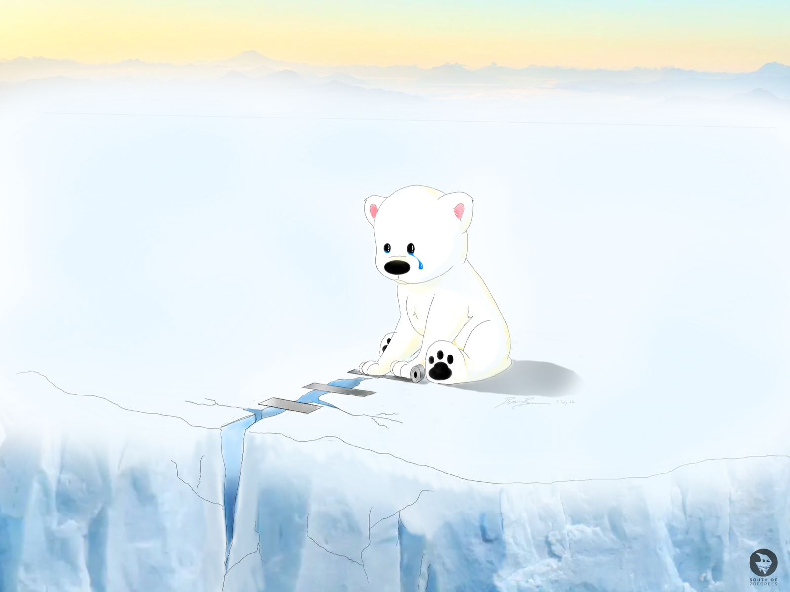 A hand-drawn polar bear sitting beside a widening crack in sea ice, with mountains on the horizon.